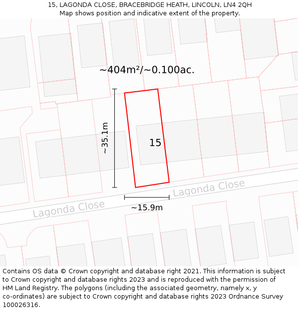 15, LAGONDA CLOSE, BRACEBRIDGE HEATH, LINCOLN, LN4 2QH: Plot and title map