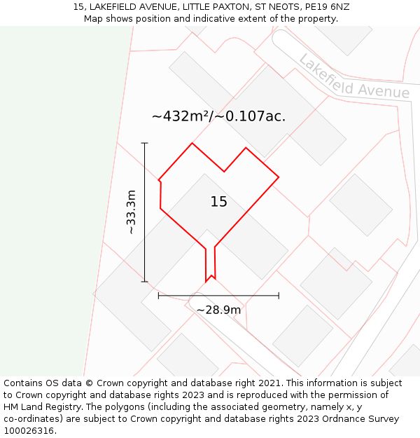 15, LAKEFIELD AVENUE, LITTLE PAXTON, ST NEOTS, PE19 6NZ: Plot and title map