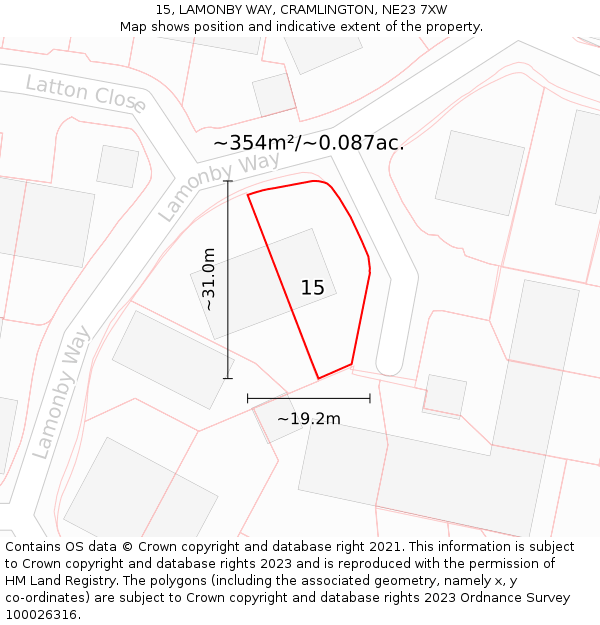 15, LAMONBY WAY, CRAMLINGTON, NE23 7XW: Plot and title map