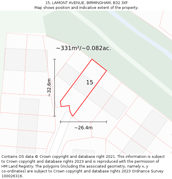 15, LAMONT AVENUE, BIRMINGHAM, B32 3XF: Plot and title map