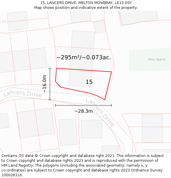 15, LANCERS DRIVE, MELTON MOWBRAY, LE13 0SY: Plot and title map