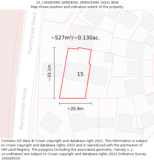 15, LANGFORD GARDENS, GRANTHAM, NG31 8DW: Plot and title map