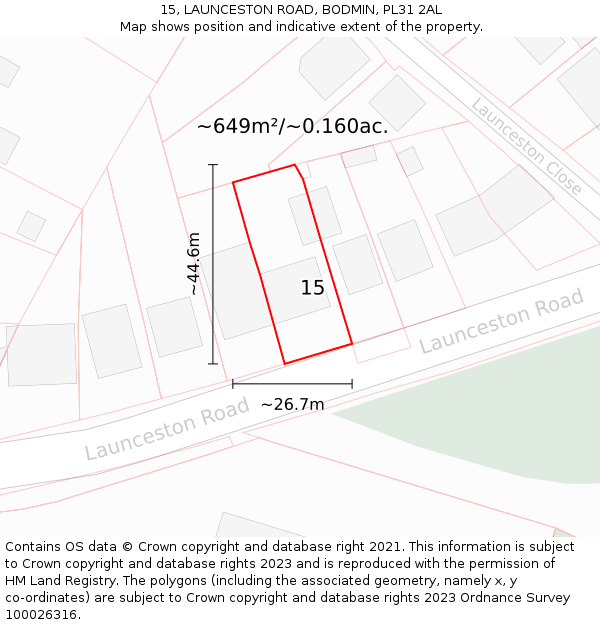 15, LAUNCESTON ROAD, BODMIN, PL31 2AL: Plot and title map