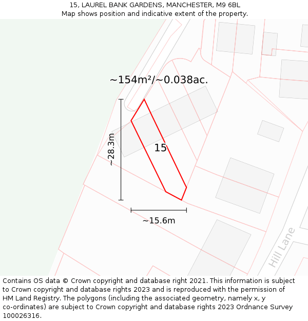 15, LAUREL BANK GARDENS, MANCHESTER, M9 6BL: Plot and title map