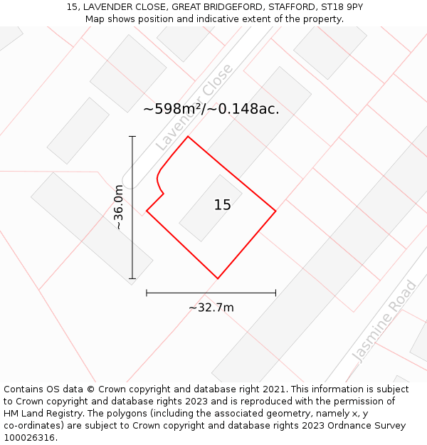 15, LAVENDER CLOSE, GREAT BRIDGEFORD, STAFFORD, ST18 9PY: Plot and title map