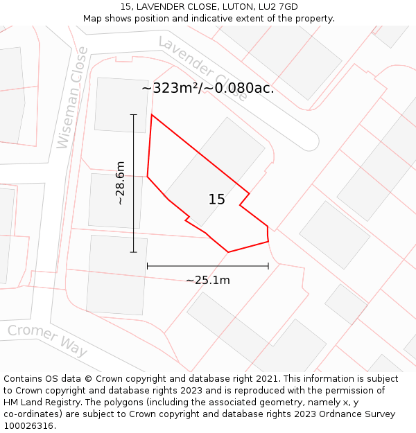 15, LAVENDER CLOSE, LUTON, LU2 7GD: Plot and title map