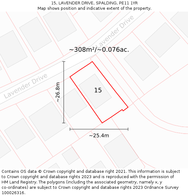 15, LAVENDER DRIVE, SPALDING, PE11 1YR: Plot and title map