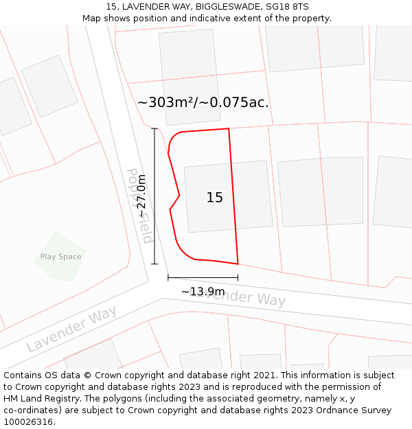 15, LAVENDER WAY, BIGGLESWADE, SG18 8TS: Plot and title map