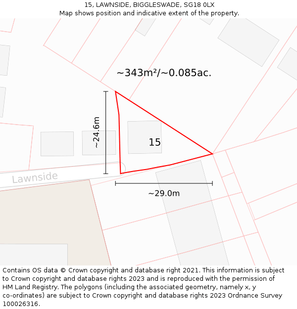 15, LAWNSIDE, BIGGLESWADE, SG18 0LX: Plot and title map