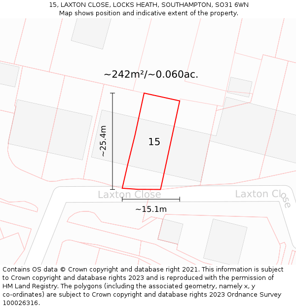 15, LAXTON CLOSE, LOCKS HEATH, SOUTHAMPTON, SO31 6WN: Plot and title map