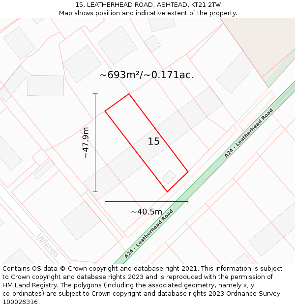 15, LEATHERHEAD ROAD, ASHTEAD, KT21 2TW: Plot and title map