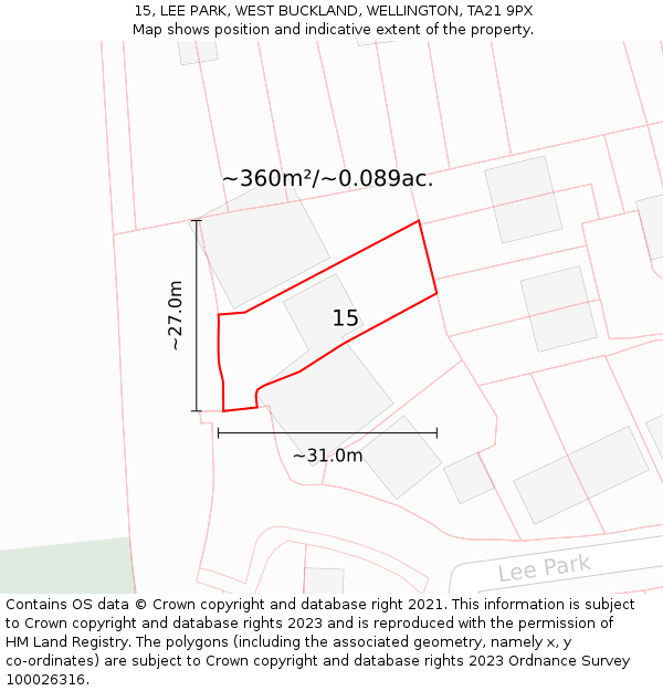 15, LEE PARK, WEST BUCKLAND, WELLINGTON, TA21 9PX: Plot and title map