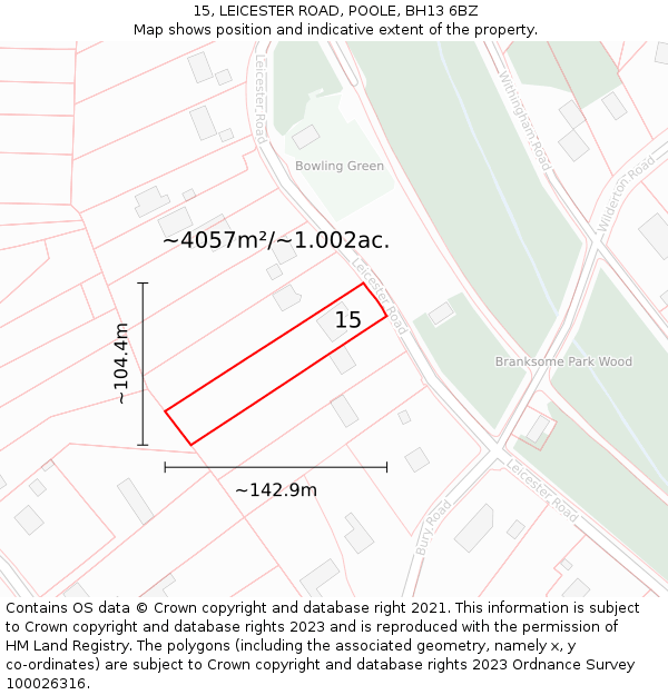 15, LEICESTER ROAD, POOLE, BH13 6BZ: Plot and title map