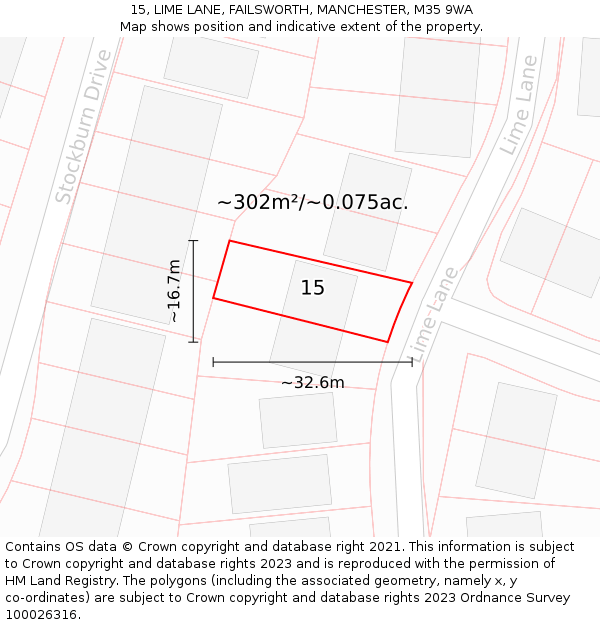 15, LIME LANE, FAILSWORTH, MANCHESTER, M35 9WA: Plot and title map