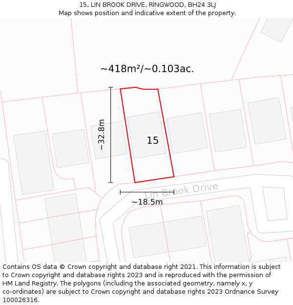 15, LIN BROOK DRIVE, RINGWOOD, BH24 3LJ: Plot and title map