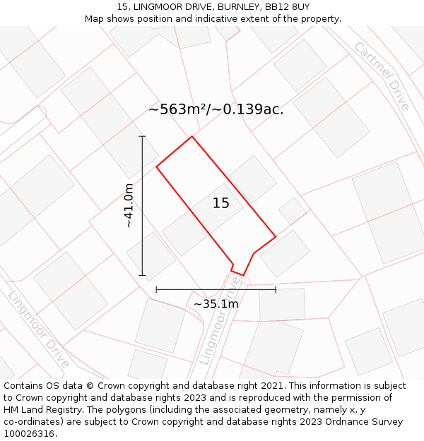 15, LINGMOOR DRIVE, BURNLEY, BB12 8UY: Plot and title map