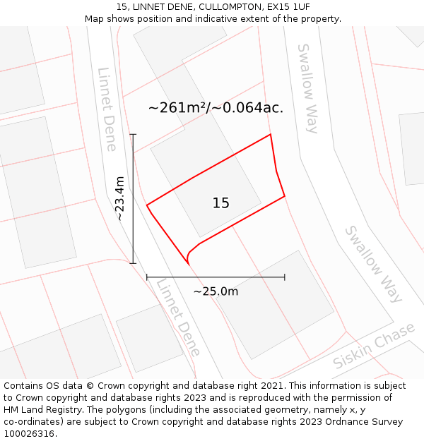 15, LINNET DENE, CULLOMPTON, EX15 1UF: Plot and title map