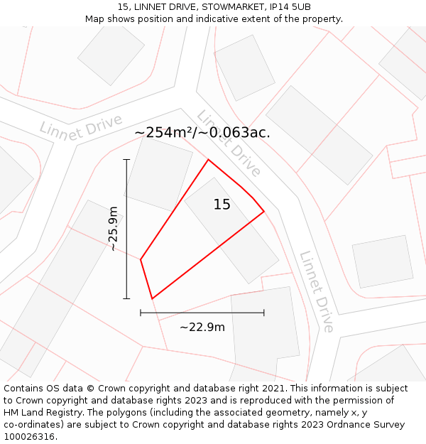 15, LINNET DRIVE, STOWMARKET, IP14 5UB: Plot and title map