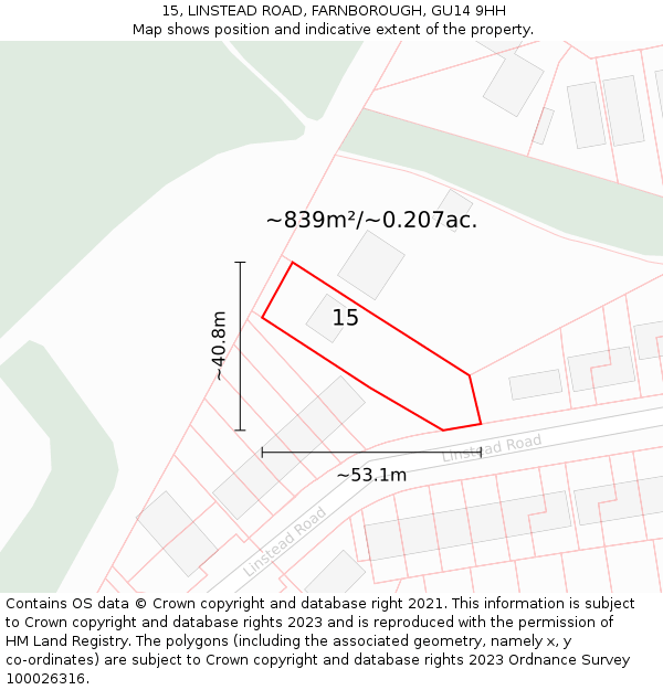 15, LINSTEAD ROAD, FARNBOROUGH, GU14 9HH: Plot and title map