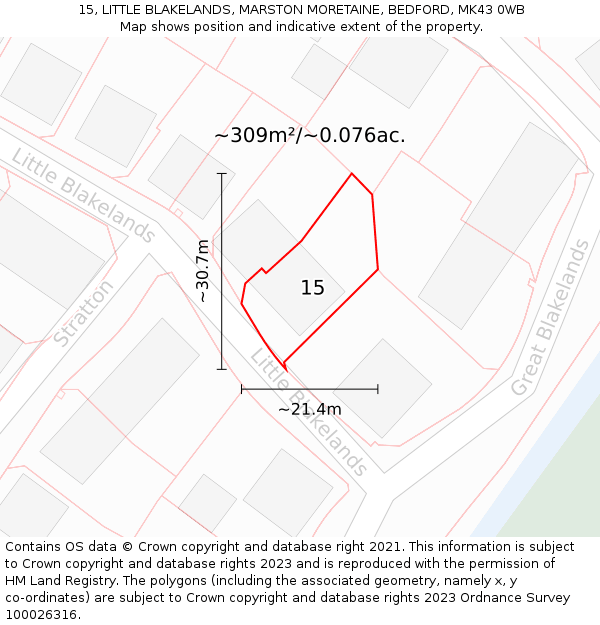 15, LITTLE BLAKELANDS, MARSTON MORETAINE, BEDFORD, MK43 0WB: Plot and title map