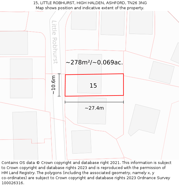 15, LITTLE ROBHURST, HIGH HALDEN, ASHFORD, TN26 3NG: Plot and title map