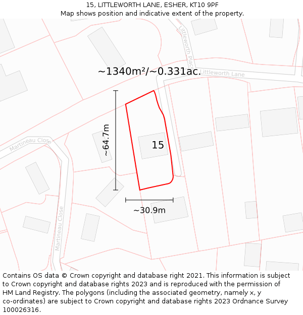 15, LITTLEWORTH LANE, ESHER, KT10 9PF: Plot and title map