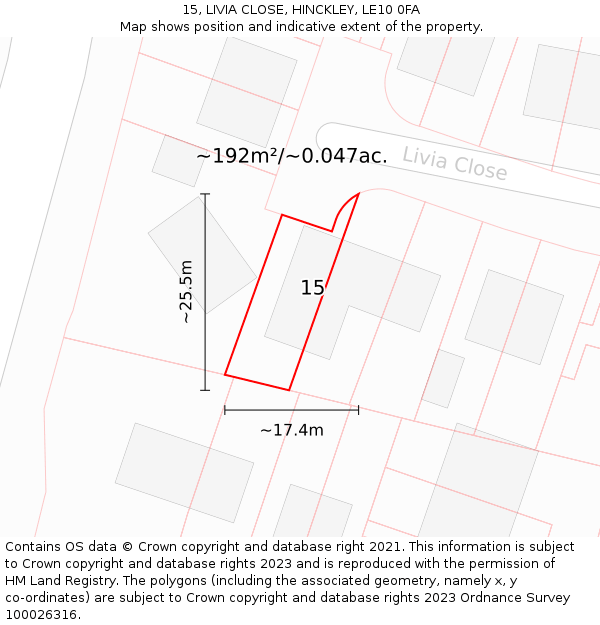 15, LIVIA CLOSE, HINCKLEY, LE10 0FA: Plot and title map