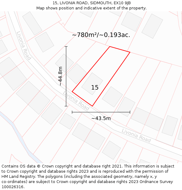 15, LIVONIA ROAD, SIDMOUTH, EX10 9JB: Plot and title map