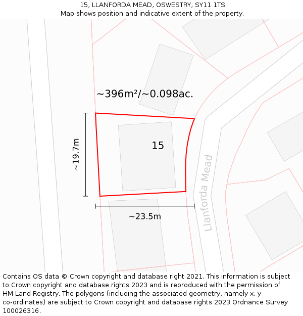 15, LLANFORDA MEAD, OSWESTRY, SY11 1TS: Plot and title map