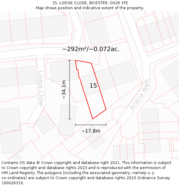 15, LODGE CLOSE, BICESTER, OX26 3TE: Plot and title map