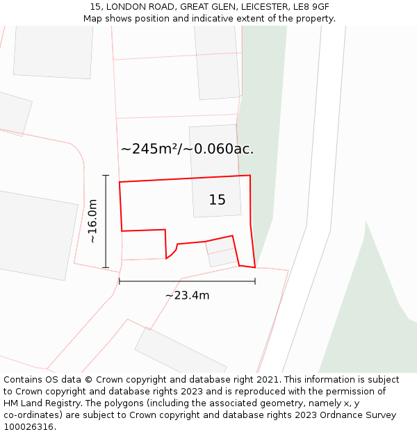 15, LONDON ROAD, GREAT GLEN, LEICESTER, LE8 9GF: Plot and title map