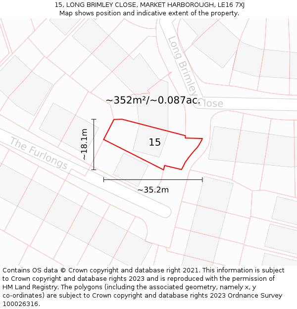 15, LONG BRIMLEY CLOSE, MARKET HARBOROUGH, LE16 7XJ: Plot and title map