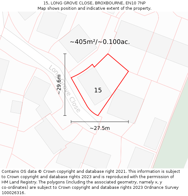 15, LONG GROVE CLOSE, BROXBOURNE, EN10 7NP: Plot and title map