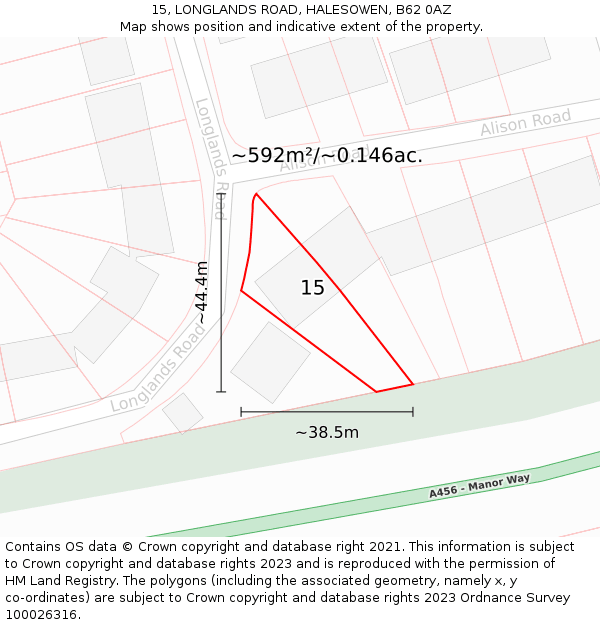 15, LONGLANDS ROAD, HALESOWEN, B62 0AZ: Plot and title map