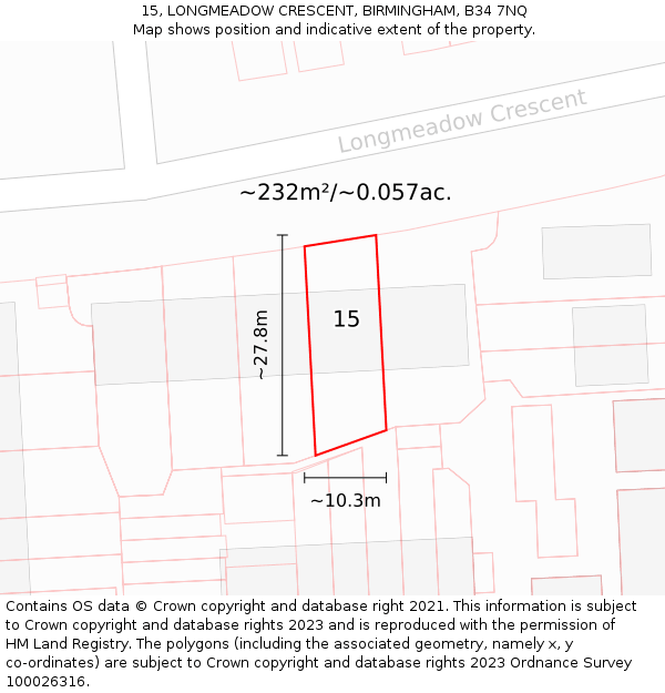 15, LONGMEADOW CRESCENT, BIRMINGHAM, B34 7NQ: Plot and title map