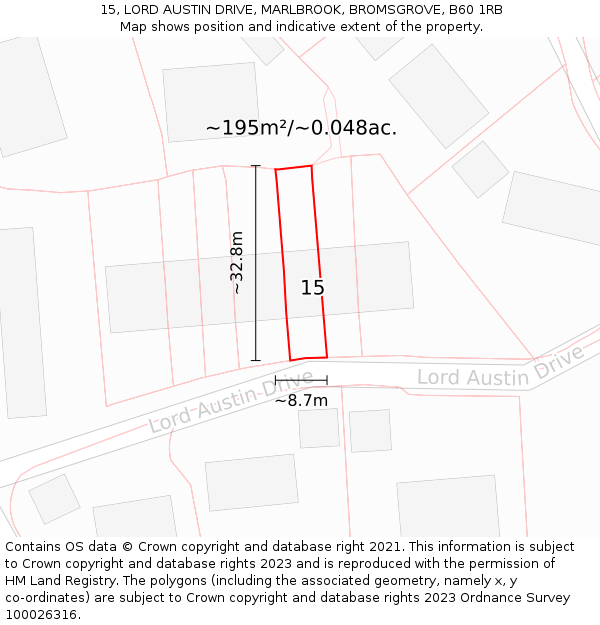 15, LORD AUSTIN DRIVE, MARLBROOK, BROMSGROVE, B60 1RB: Plot and title map