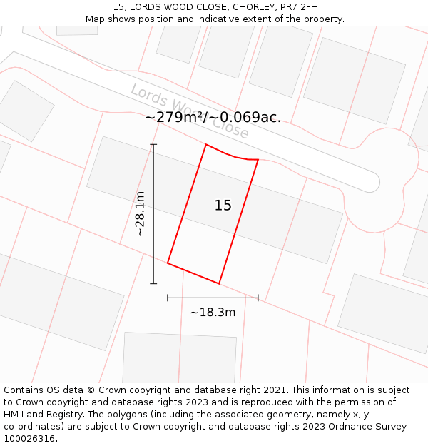 15, LORDS WOOD CLOSE, CHORLEY, PR7 2FH: Plot and title map