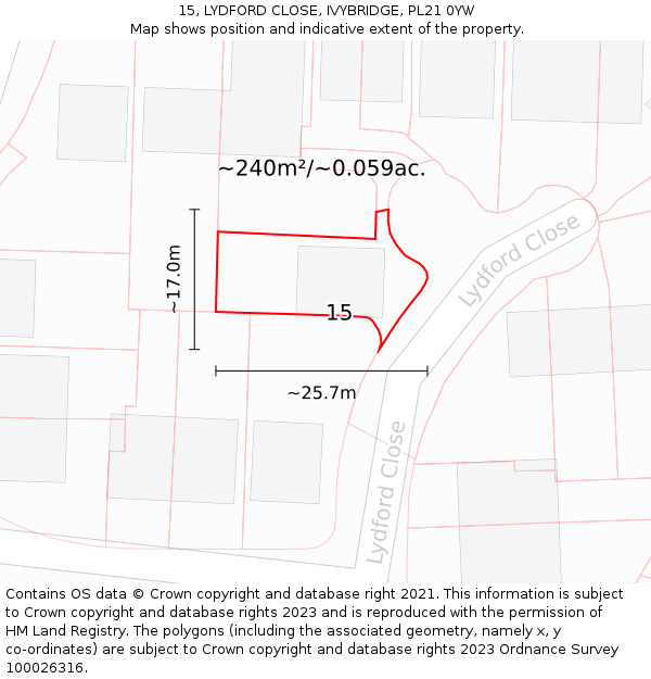 15, LYDFORD CLOSE, IVYBRIDGE, PL21 0YW: Plot and title map