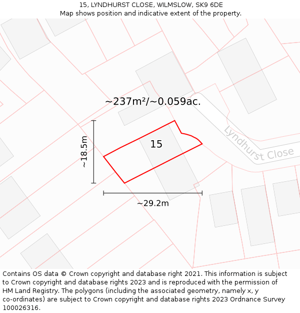 15, LYNDHURST CLOSE, WILMSLOW, SK9 6DE: Plot and title map