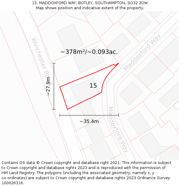 15, MADDOXFORD WAY, BOTLEY, SOUTHAMPTON, SO32 2DW: Plot and title map