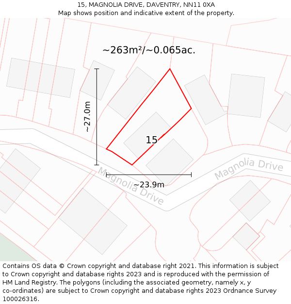 15, MAGNOLIA DRIVE, DAVENTRY, NN11 0XA: Plot and title map