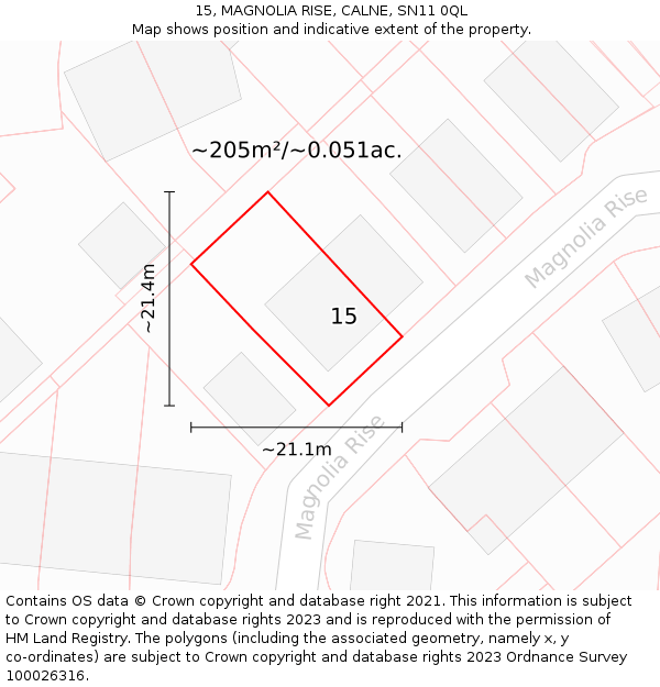 15, MAGNOLIA RISE, CALNE, SN11 0QL: Plot and title map