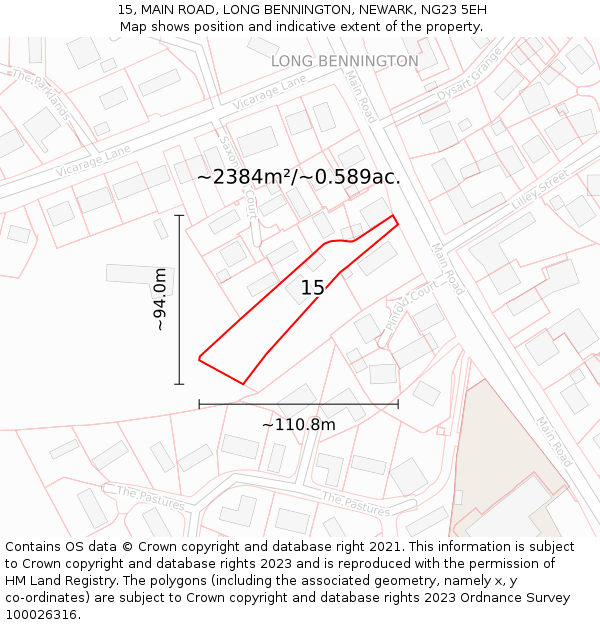 15, MAIN ROAD, LONG BENNINGTON, NEWARK, NG23 5EH: Plot and title map