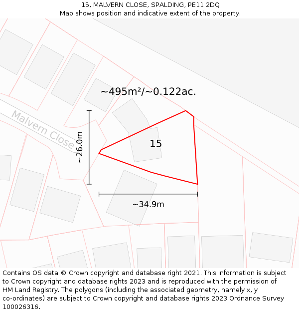 15, MALVERN CLOSE, SPALDING, PE11 2DQ: Plot and title map