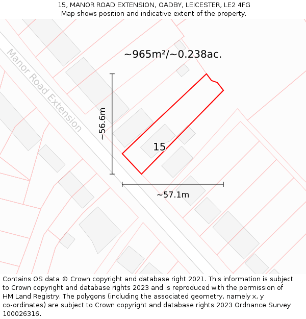 15, MANOR ROAD EXTENSION, OADBY, LEICESTER, LE2 4FG: Plot and title map