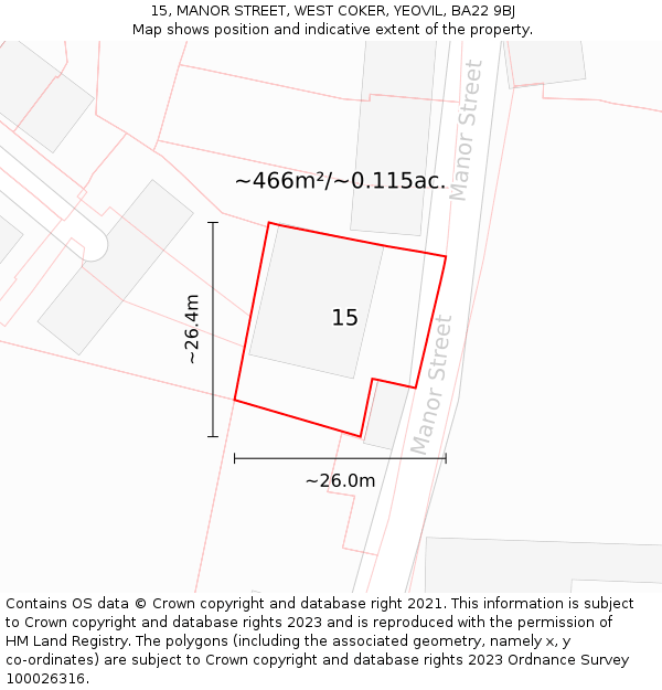 15, MANOR STREET, WEST COKER, YEOVIL, BA22 9BJ: Plot and title map