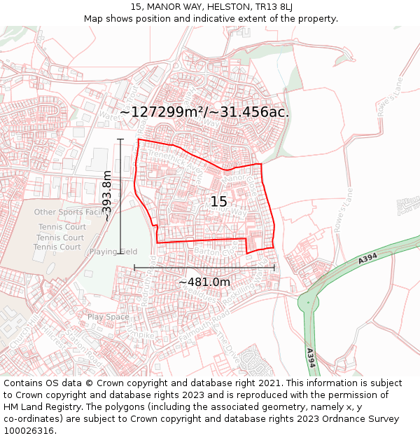 15, MANOR WAY, HELSTON, TR13 8LJ: Plot and title map