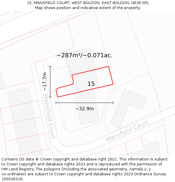 15, MANSFIELD COURT, WEST BOLDON, EAST BOLDON, NE36 0PL: Plot and title map