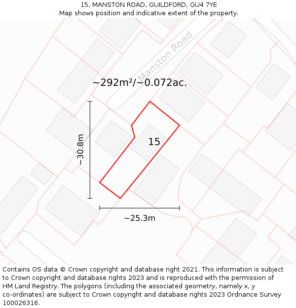 15, MANSTON ROAD, GUILDFORD, GU4 7YE: Plot and title map