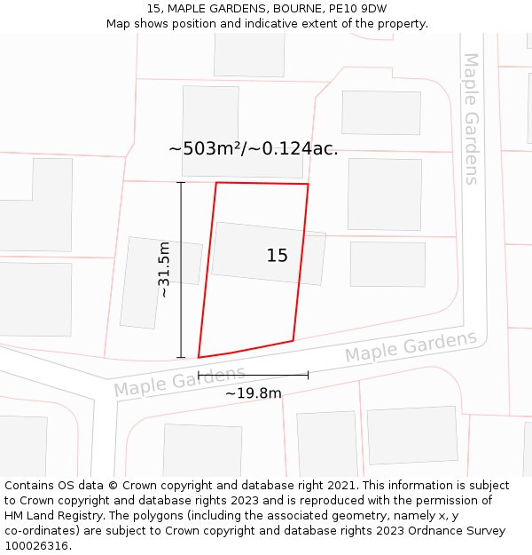 15, MAPLE GARDENS, BOURNE, PE10 9DW: Plot and title map